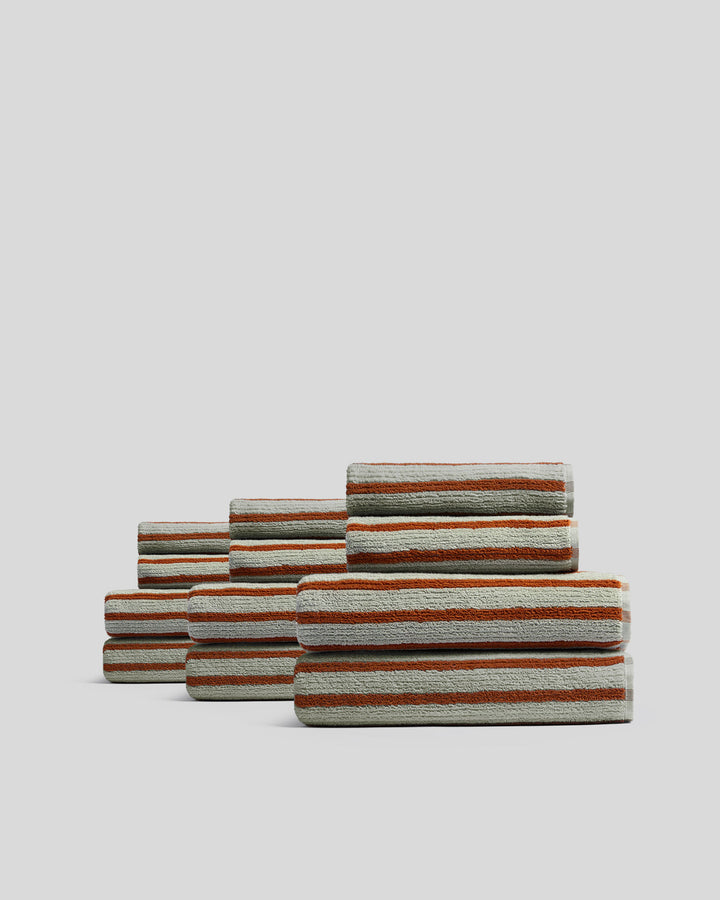 6+6 Organic Resort Stripe Bath Bundle -  Sage with Russet